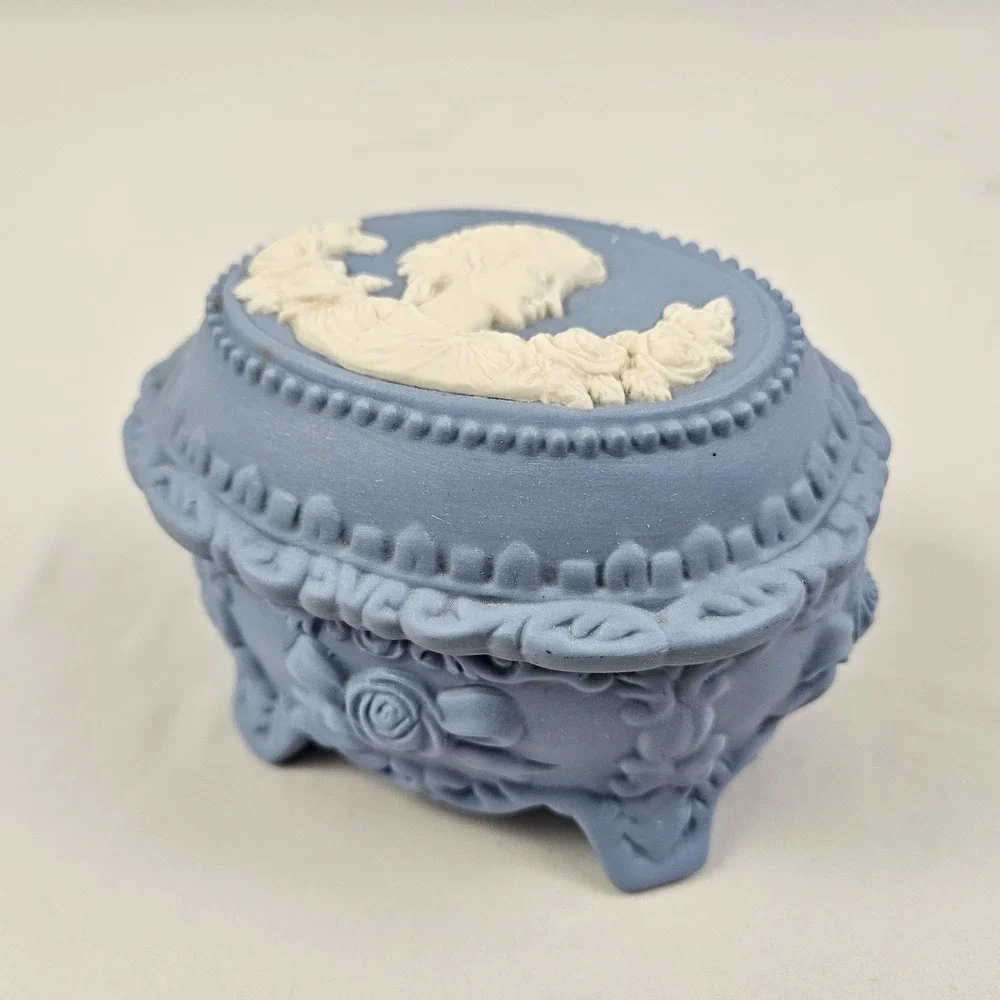 Vintage Blue Jasperware Style Trinket Box with White Relief Maiden Cameo